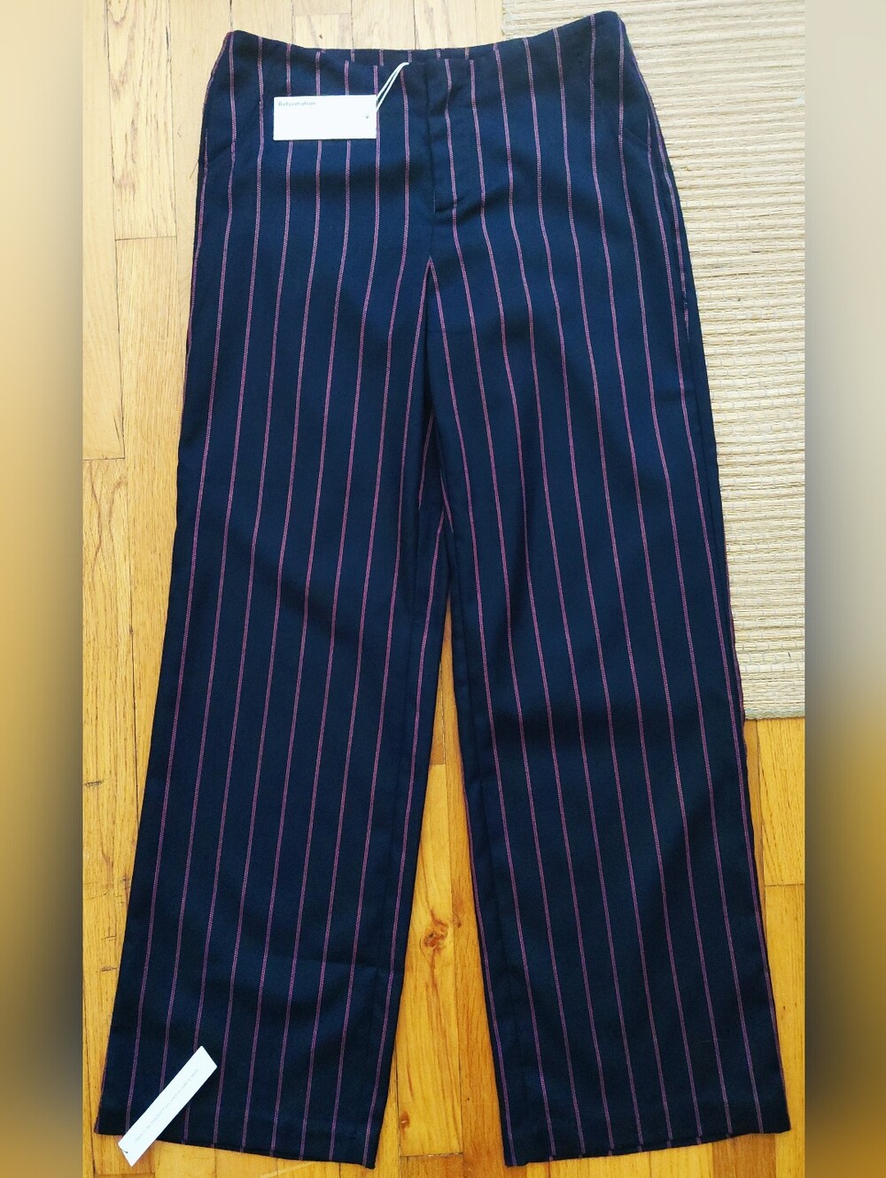 Never Worn-Reformation "Vida Low Rise" Women's Navy Pants with Red Pinstripes